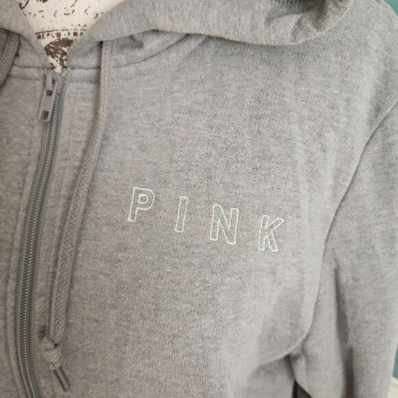 Victoria's Secret L PINK Zip Up Bing Sleeve Grey Sweatshirt Hoodie - Picture 4 of 5